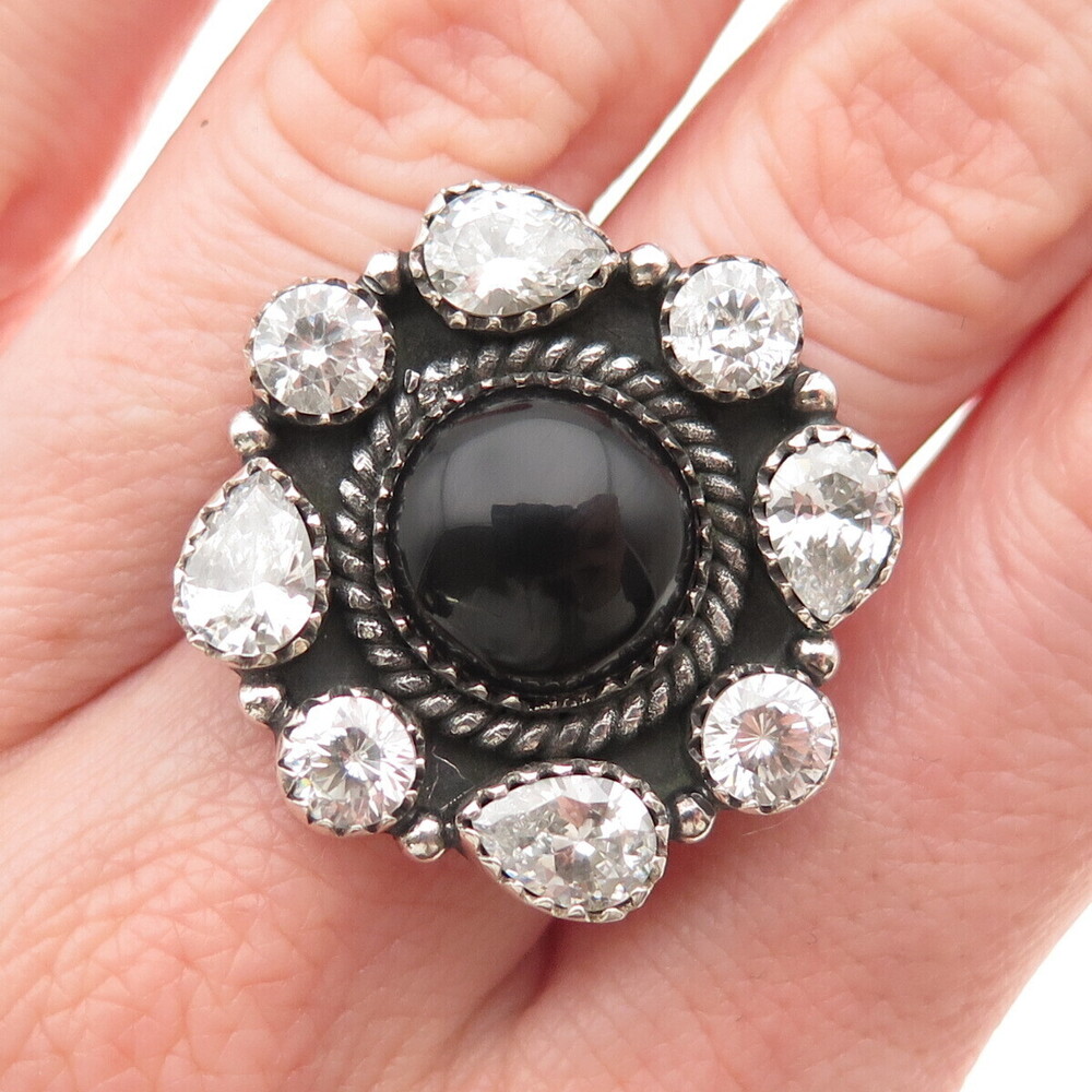 Krush Kandy 925 Sterling Vintage Real Black Onyx & C Z Adjustable Ring Size 8.5